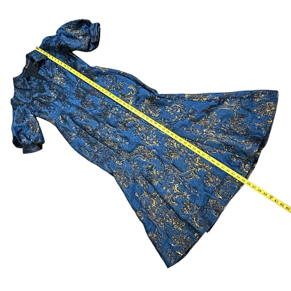 Badgley Mischka Puff-Sleeve Regal Brocade Blue & Metallic Gold Shirtdress Gown 8 - Picture 10 of 14